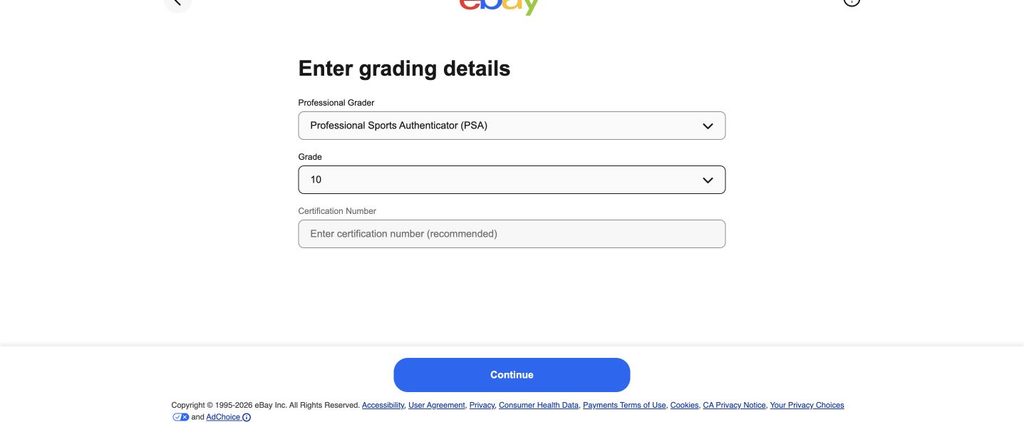 PSAの会社名とグレード10を選択したeBay入力欄