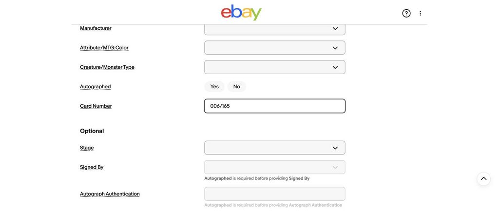 Item specificsのCard Numberに006/165を入力した画面