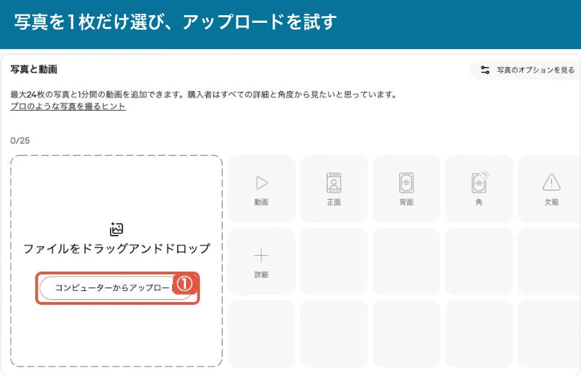 eBayの写真欄。コンピューターからアップロードボタンを赤枠と1で示した画像