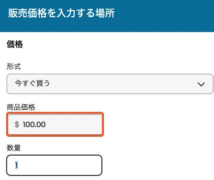 eBay出品画面の商品価格100ドルの入力欄
